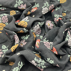Jet Black/Multi Colour Cross Stitch Floral Linen Embroidery