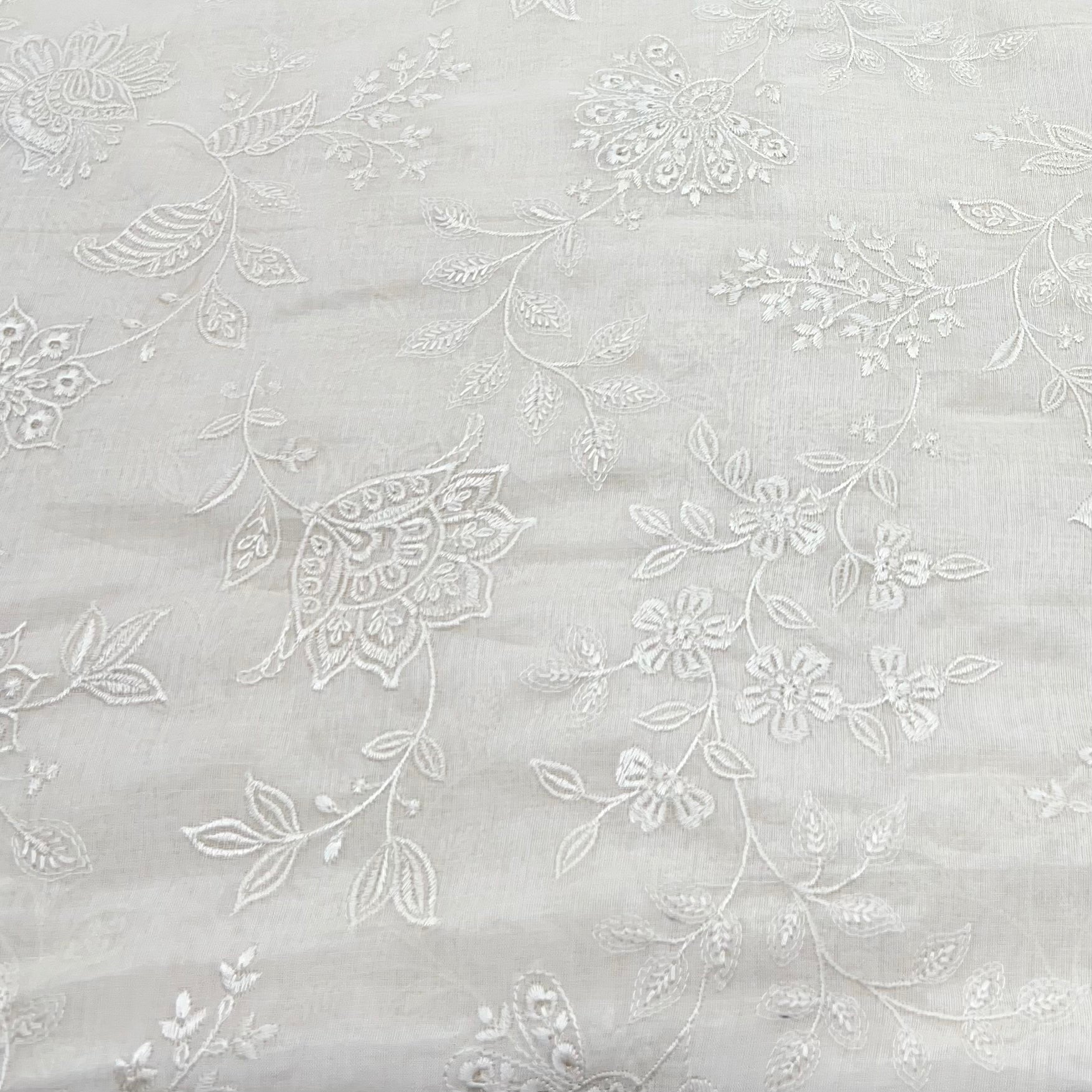 Off White Floral Self Cotton Embroidery