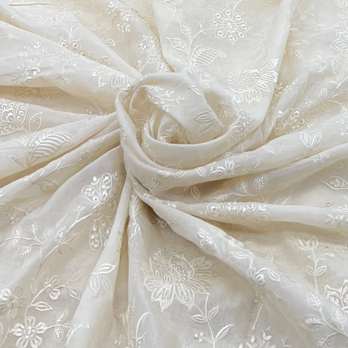 Off White Floral Self Cotton Embroidery