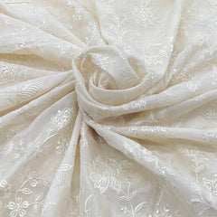 Off White Floral Butti Sequins Cotton Embroidery