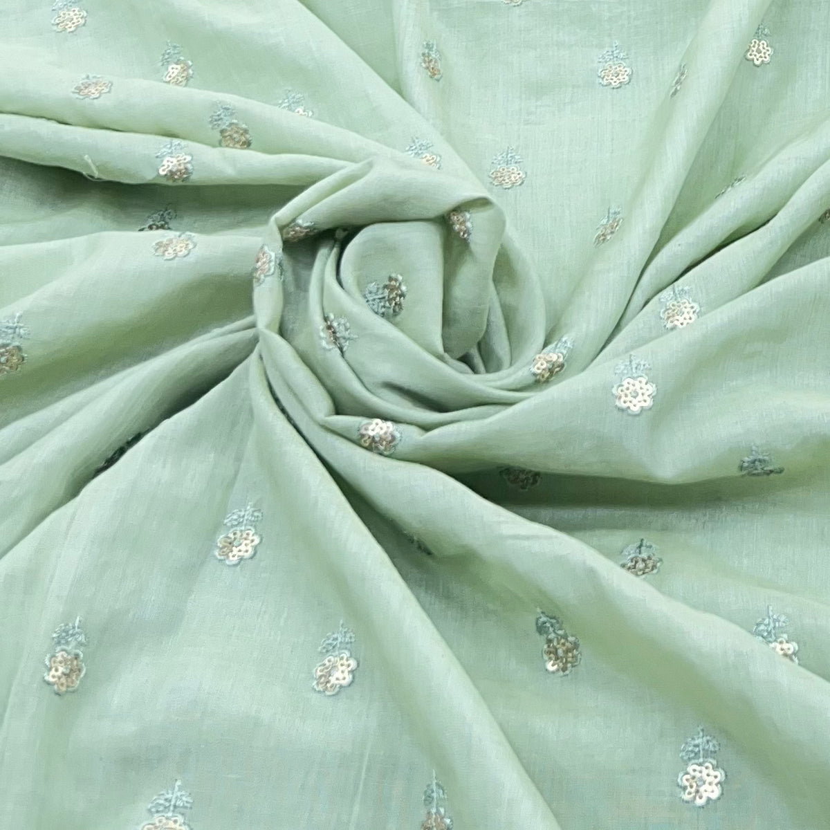 Light Green Flower Butti Sequins Cotton Embroidery