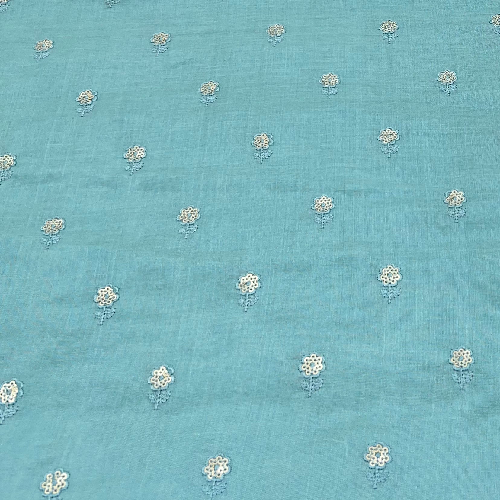 Light Aqua Blue Flower Butti Sequins Cotton Embroidery