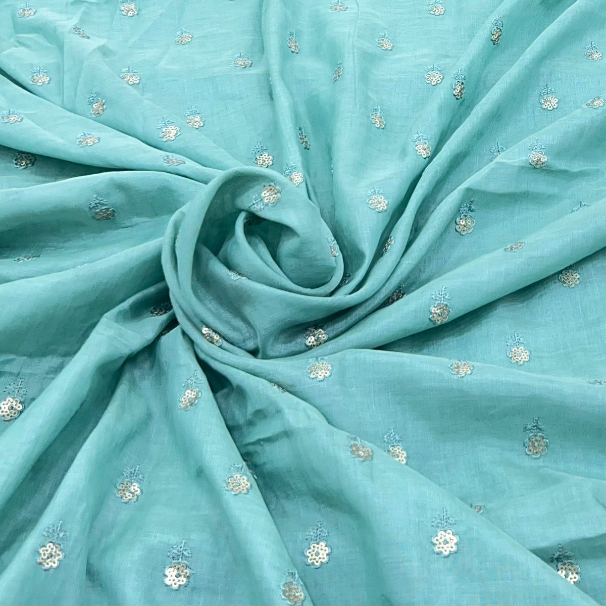 Light Aqua Blue Flower Butti Sequins Cotton Embroidery