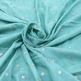 Light Aqua Blue Flower Butti Sequins Cotton Embroidery
