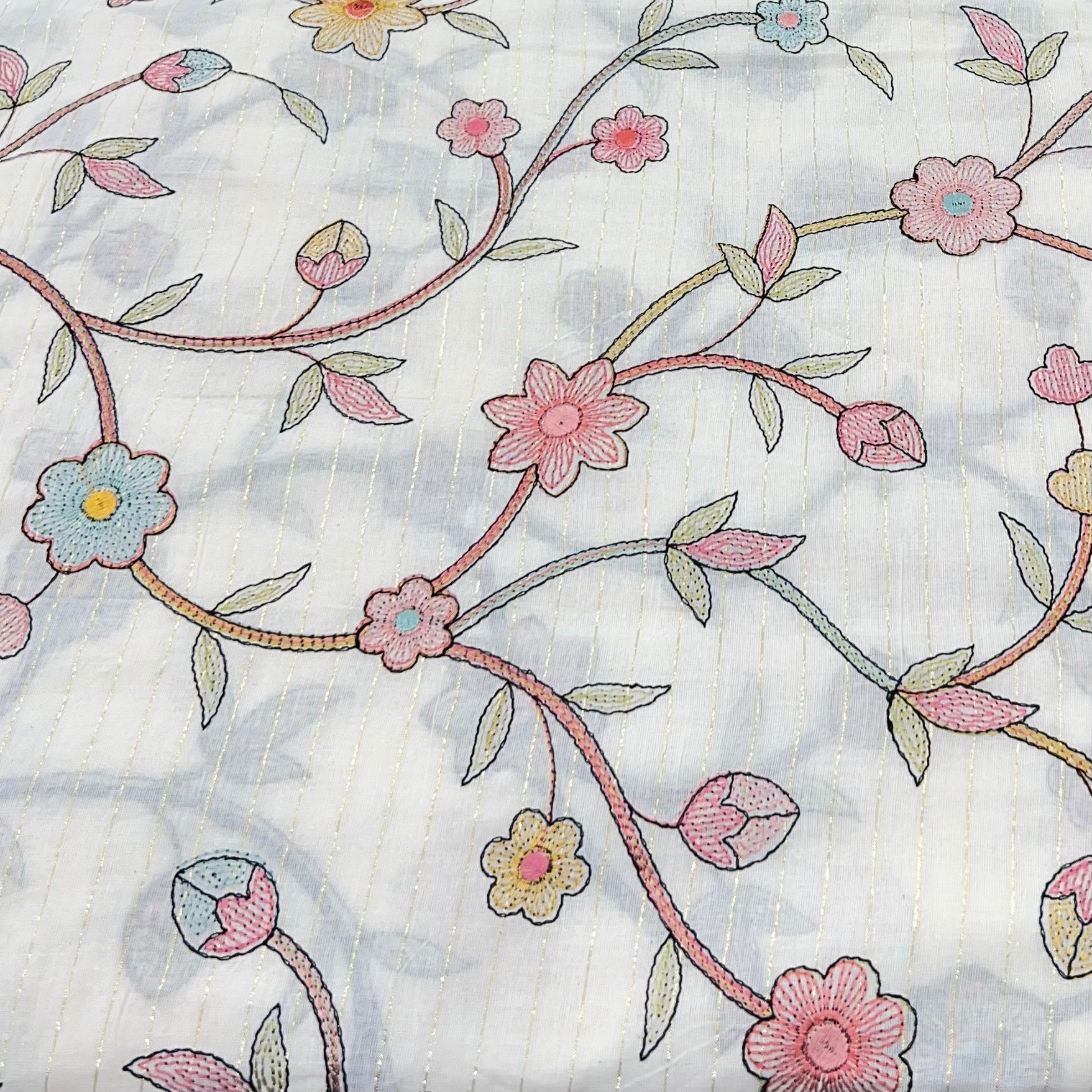 Off White/Multi Colour Flower Jal Cotton Embroidery