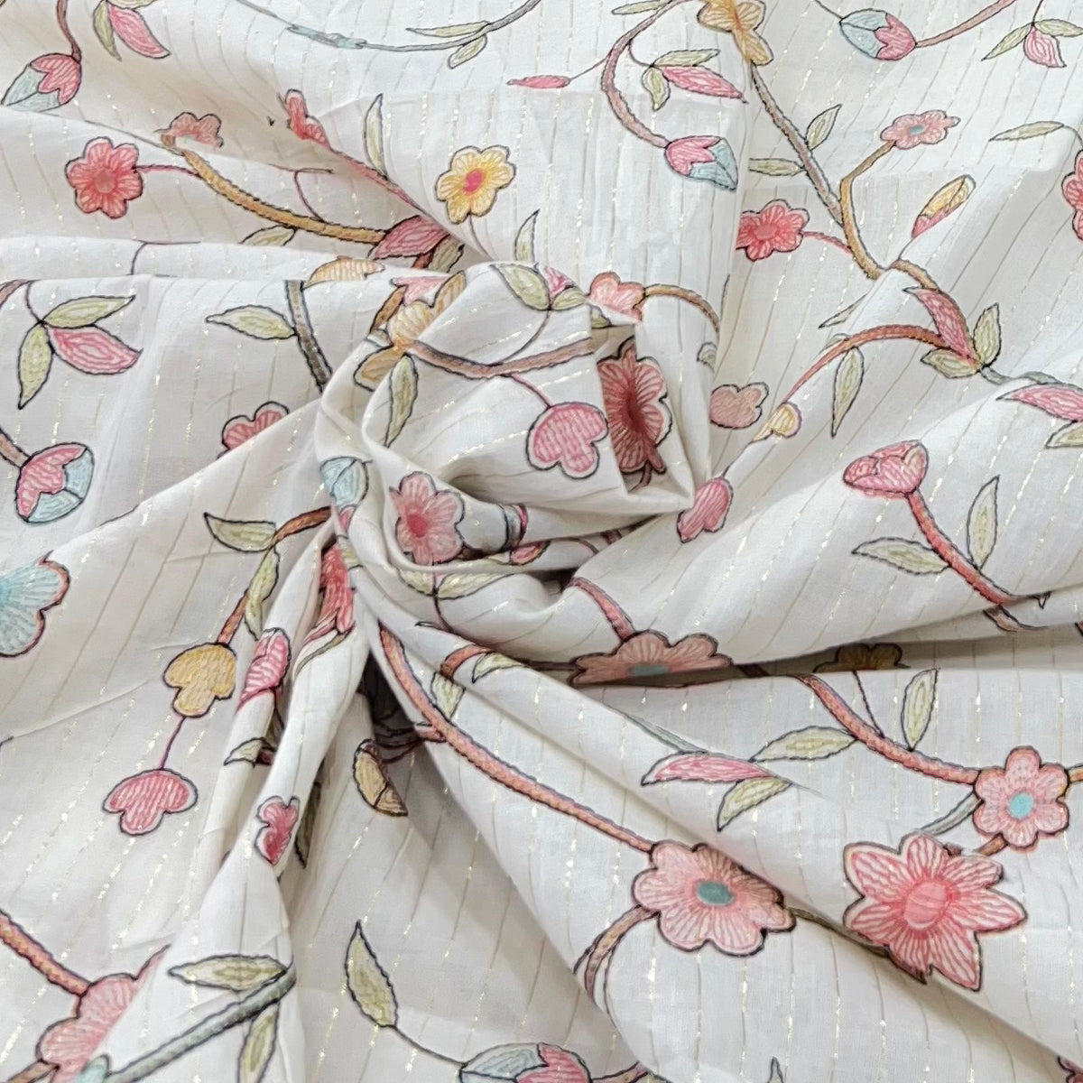 Off White/Multi Colour Flower Jal Cotton Embroidery