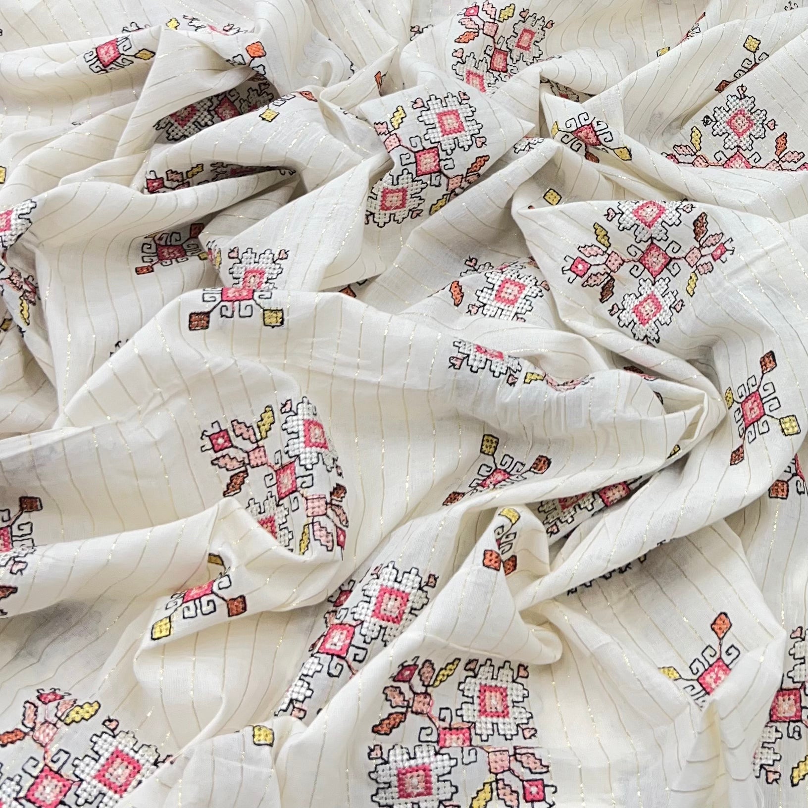 Off White/Multi Colour Geometric Cotton Embroidery