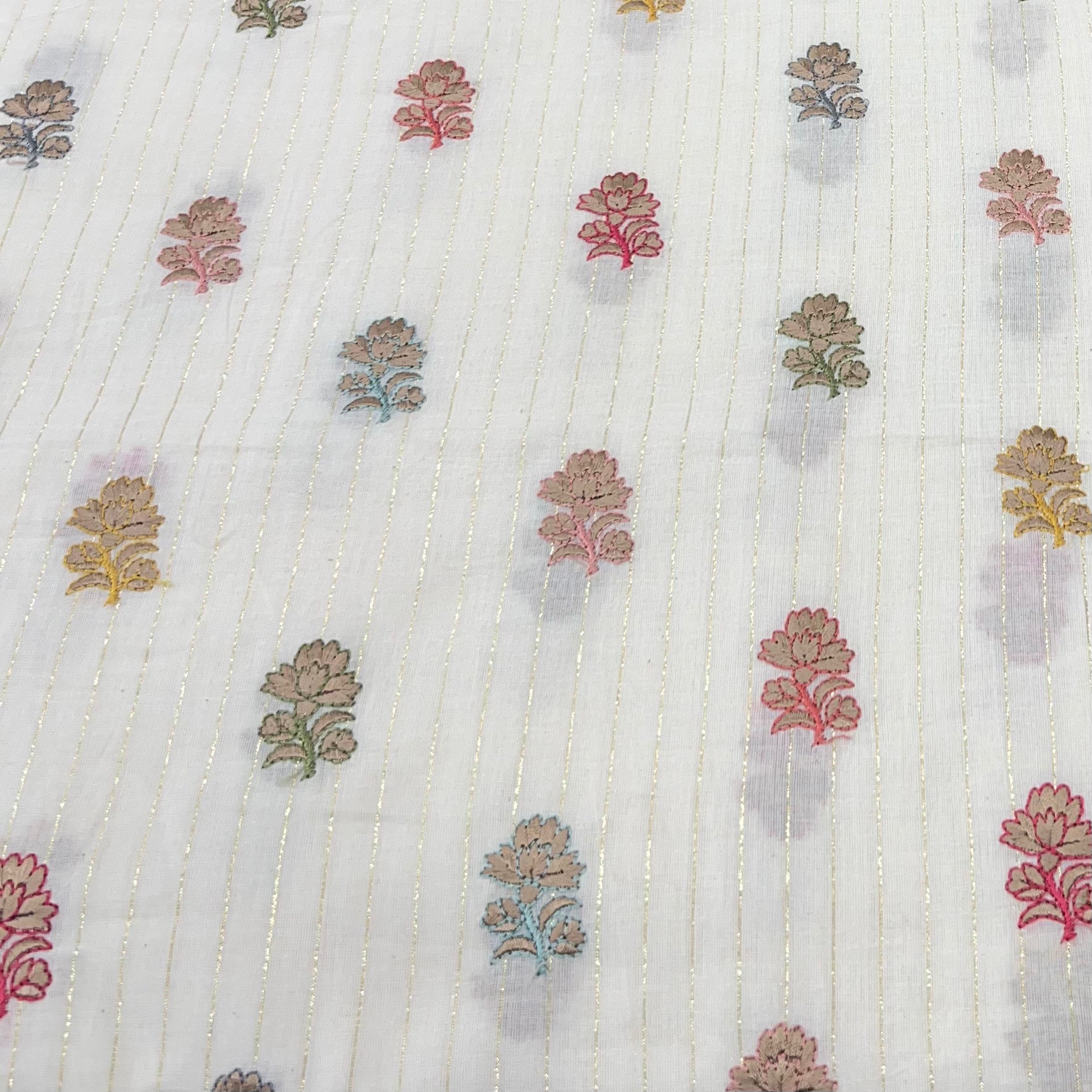 Off White/Multi Colour Flower Butti Cotton Embroidery