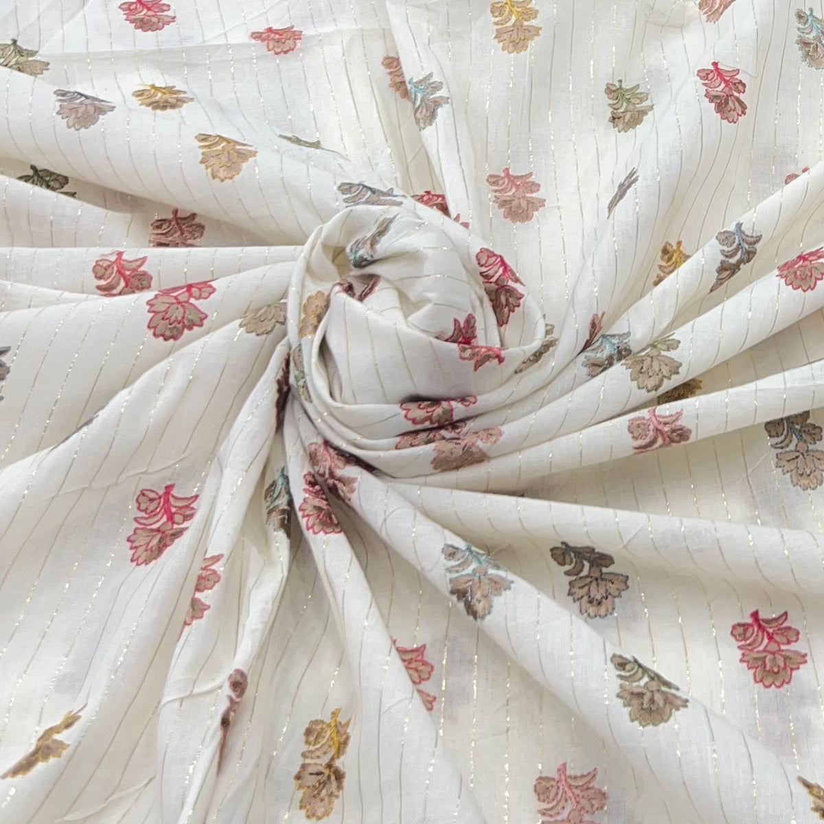 Off White/Multi Colour Flower Butti Cotton Embroidery