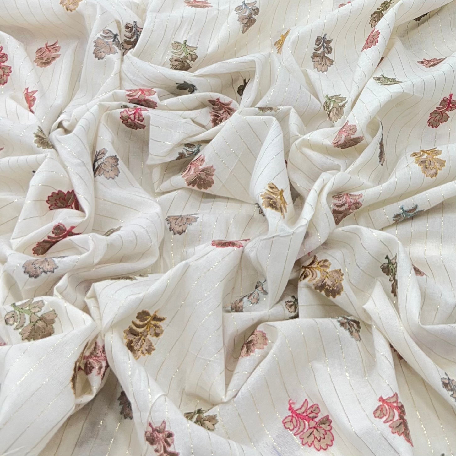 Off White/Multi Colour Flower Butti Cotton Embroidery