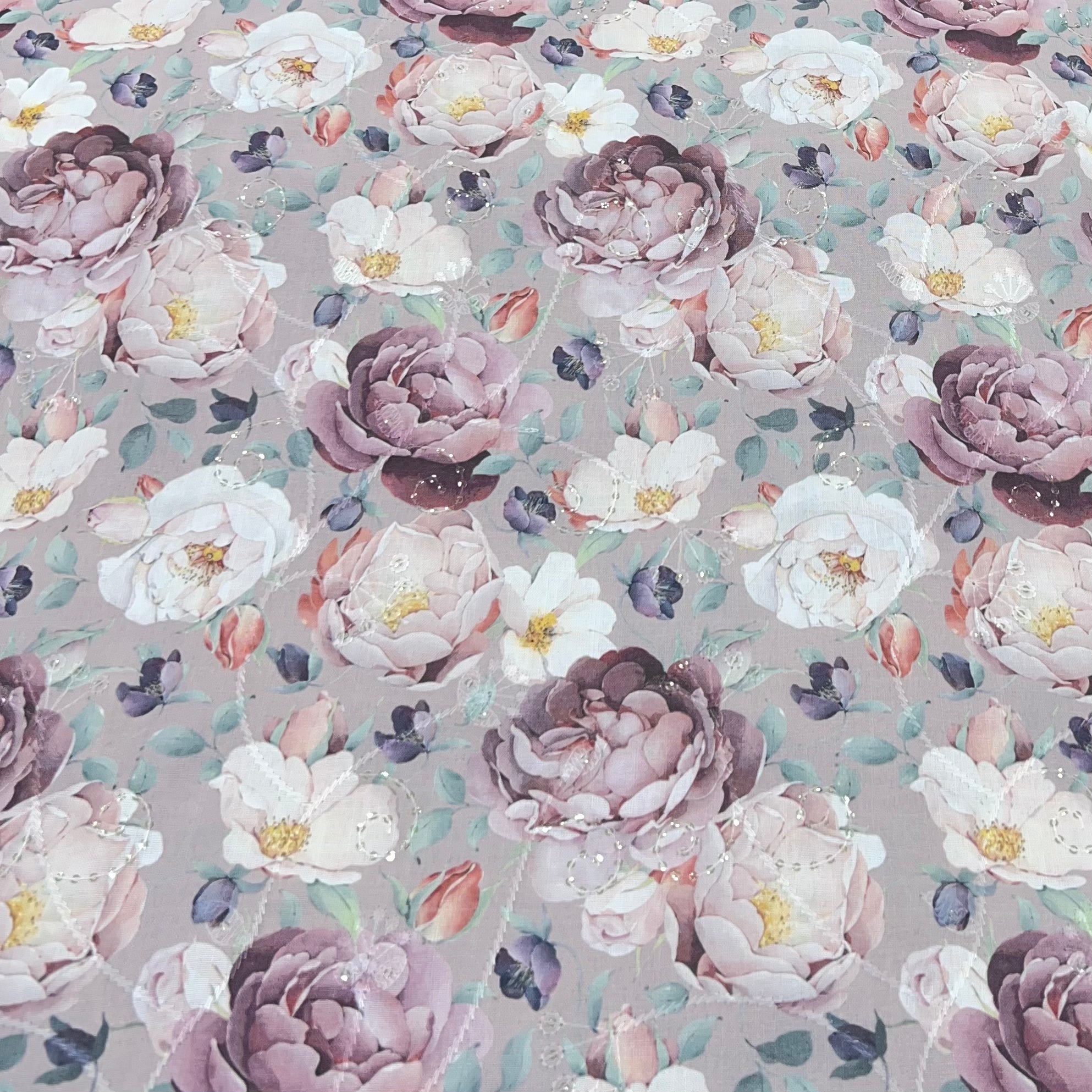 Light Lavender Seamless Floral Printed Linen Embroidery