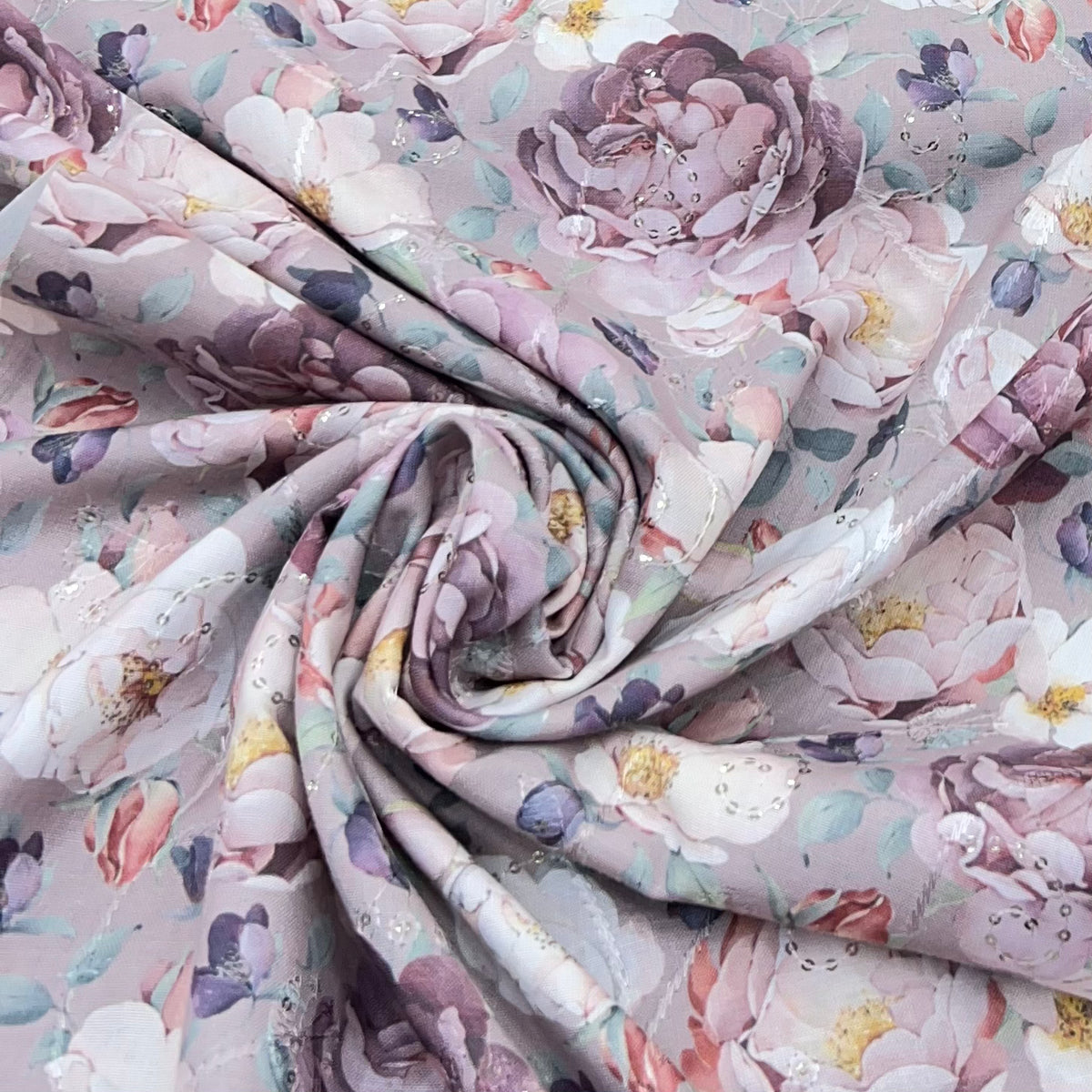 Light Lavender Seamless Floral Printed Linen Embroidery