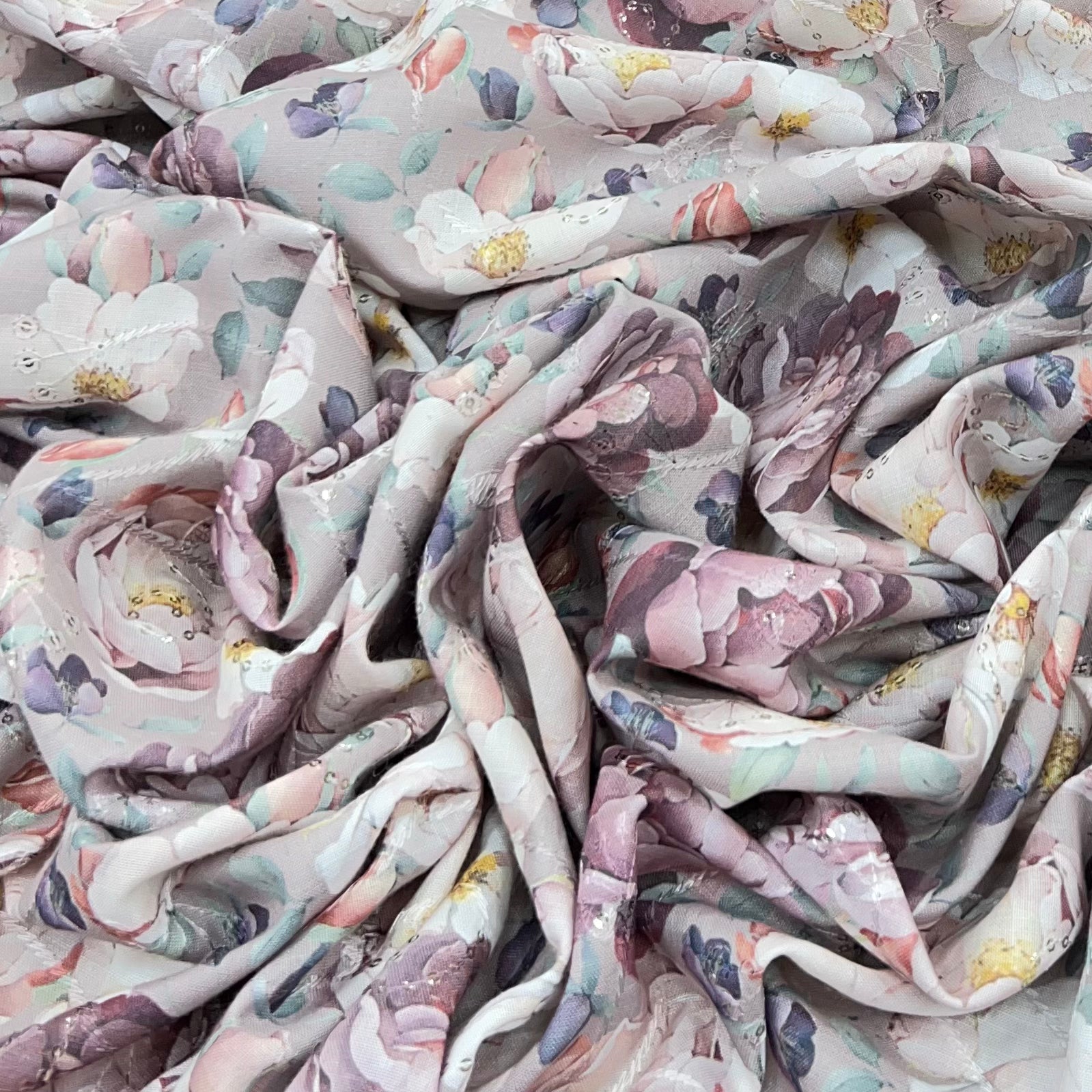 Light Lavender Seamless Floral Printed Linen Embroidery