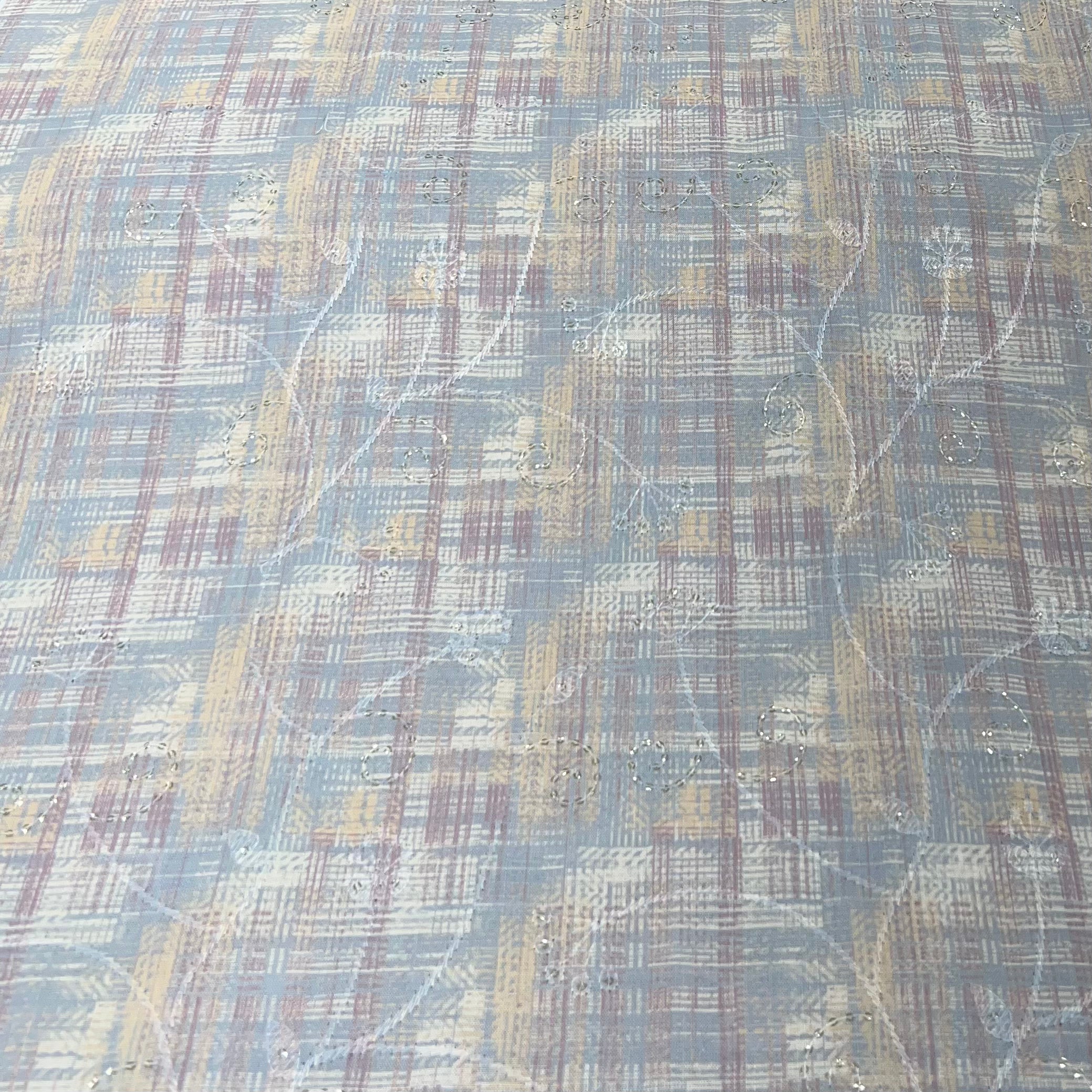 Grey Cream Geometric Printed Floral Linen Embroidery