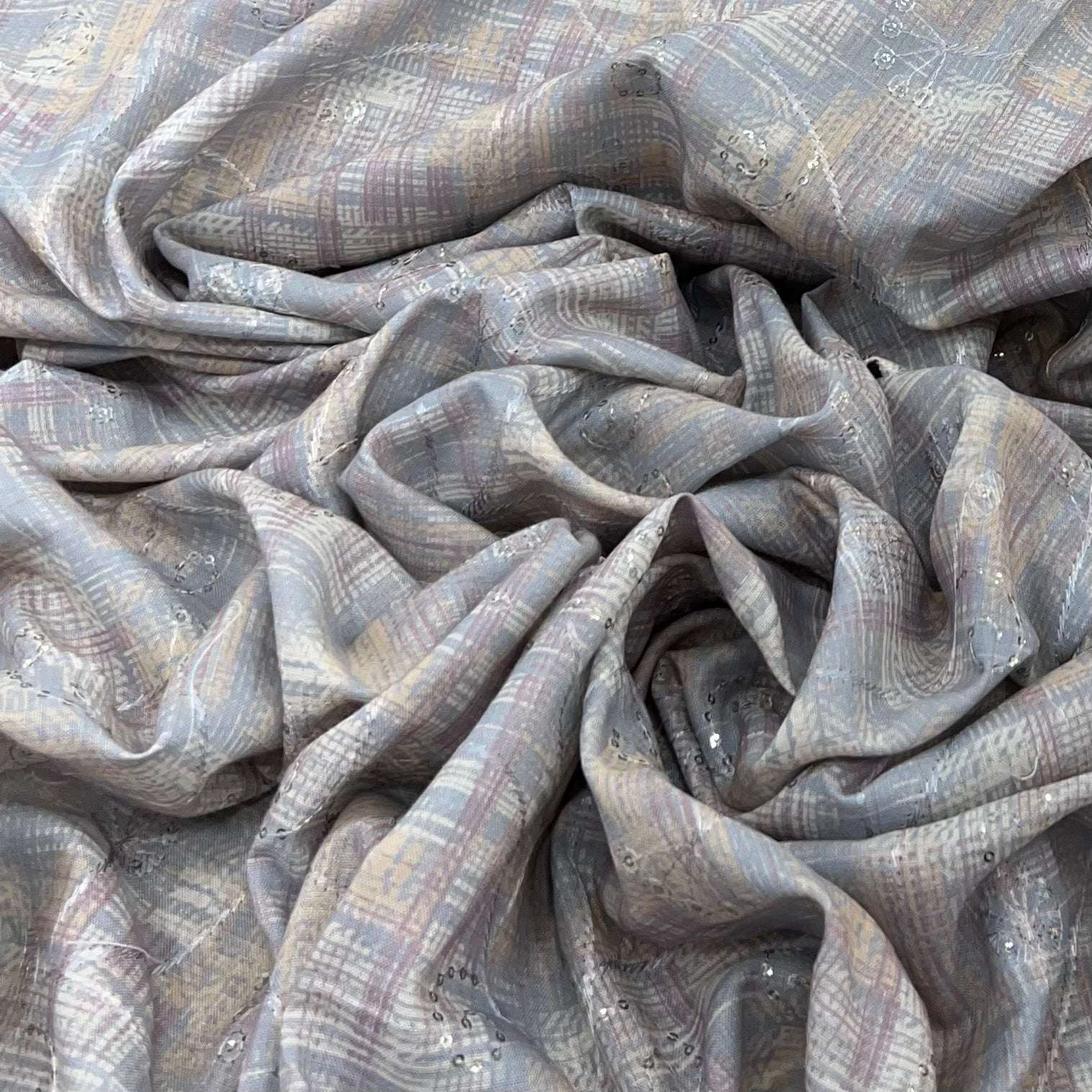 Grey Cream Geometric Printed Floral Linen Embroidery