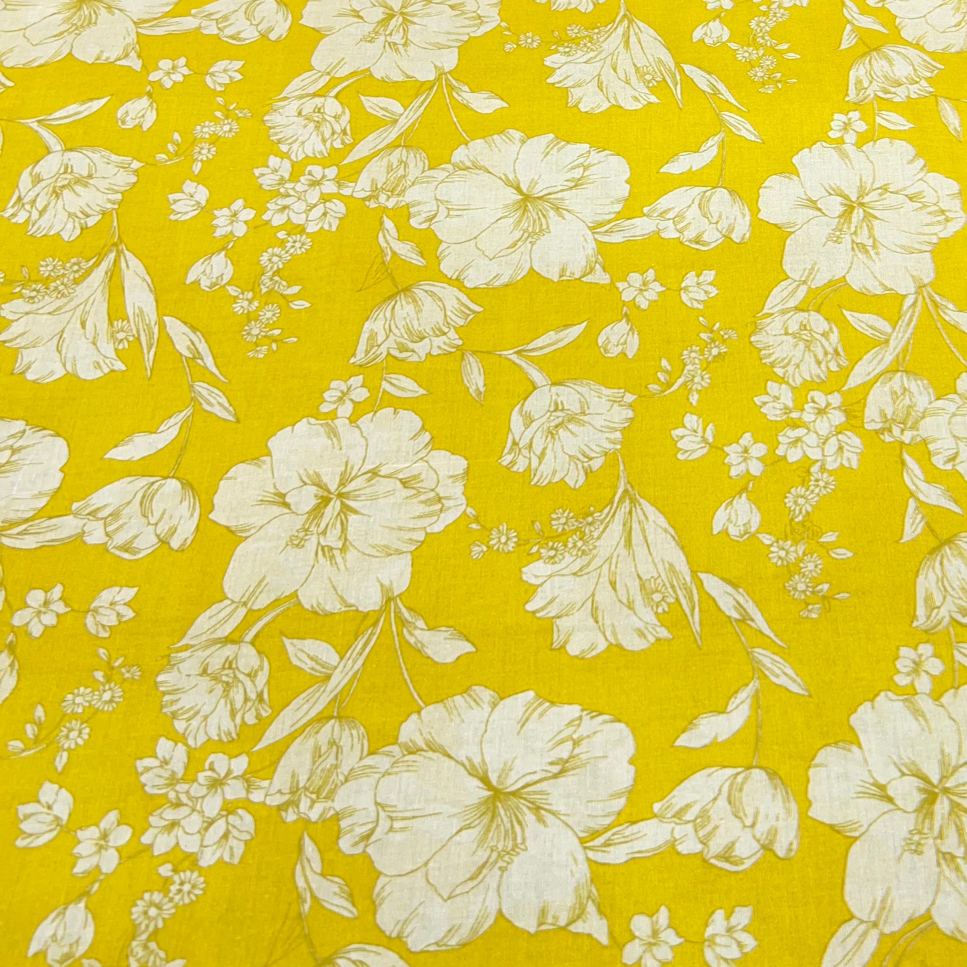 Bright Yellow Amaryllis Flower Lawn Cotton Print