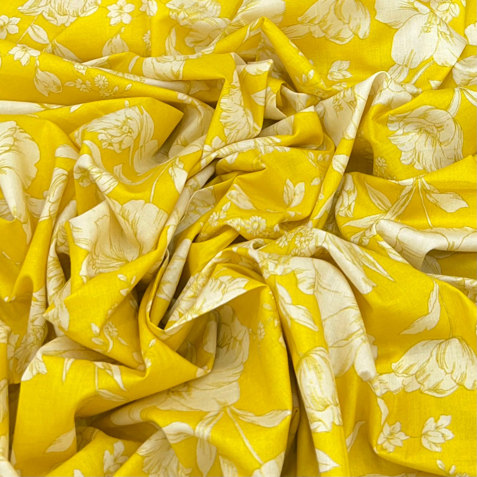 Bright Yellow Amaryllis Flower Lawn Cotton Print