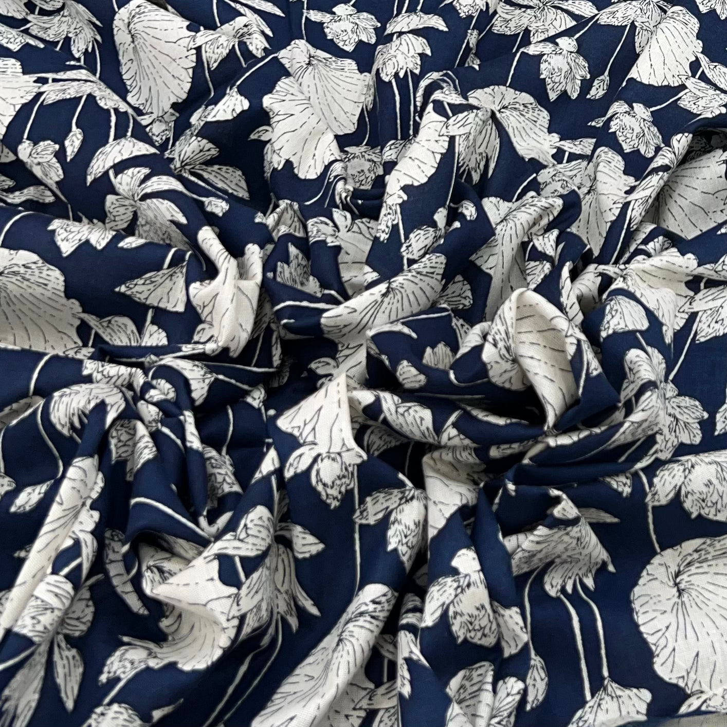 Blue Lotus Leaves Cotton Print