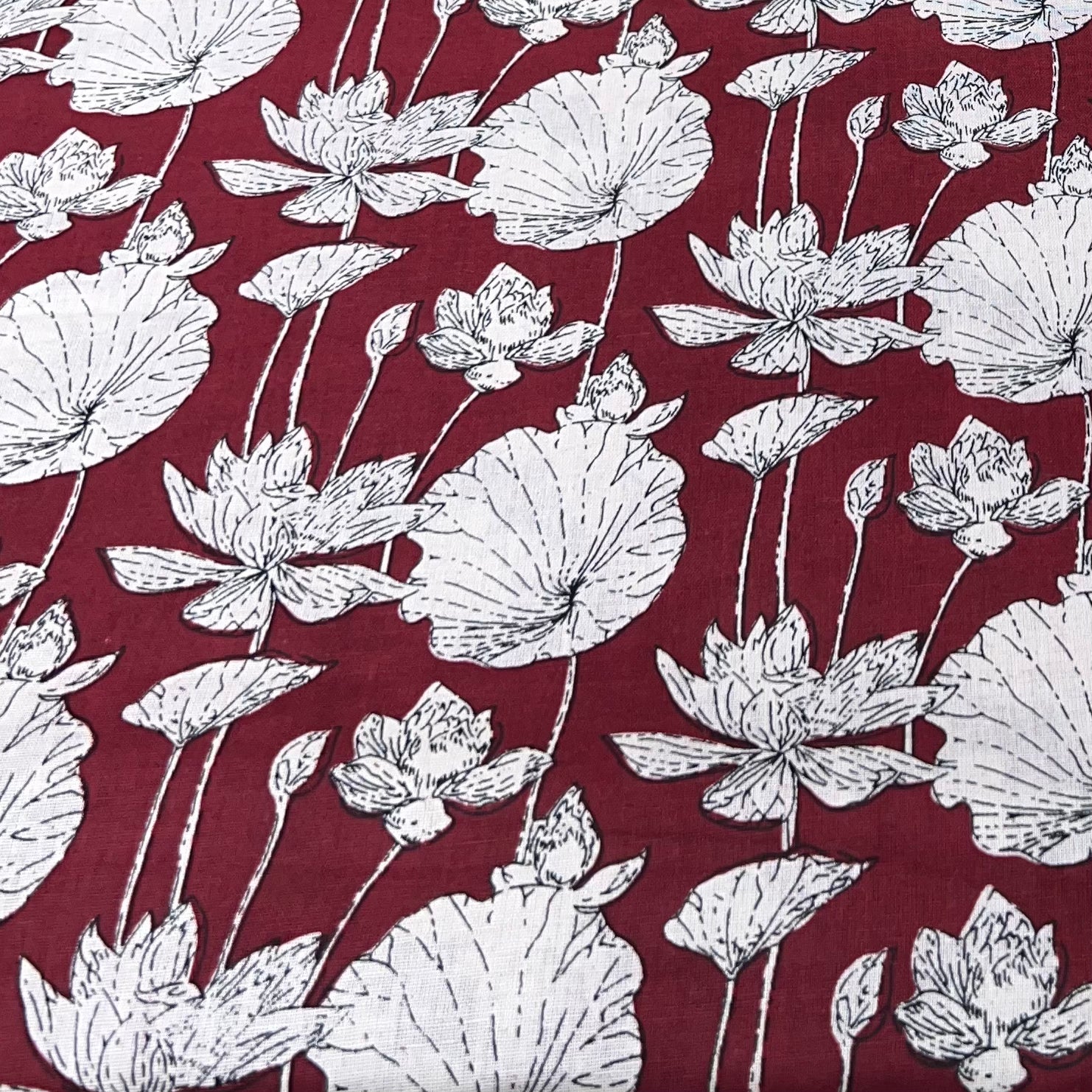 Maroon Lotus Leaves Cotton Print