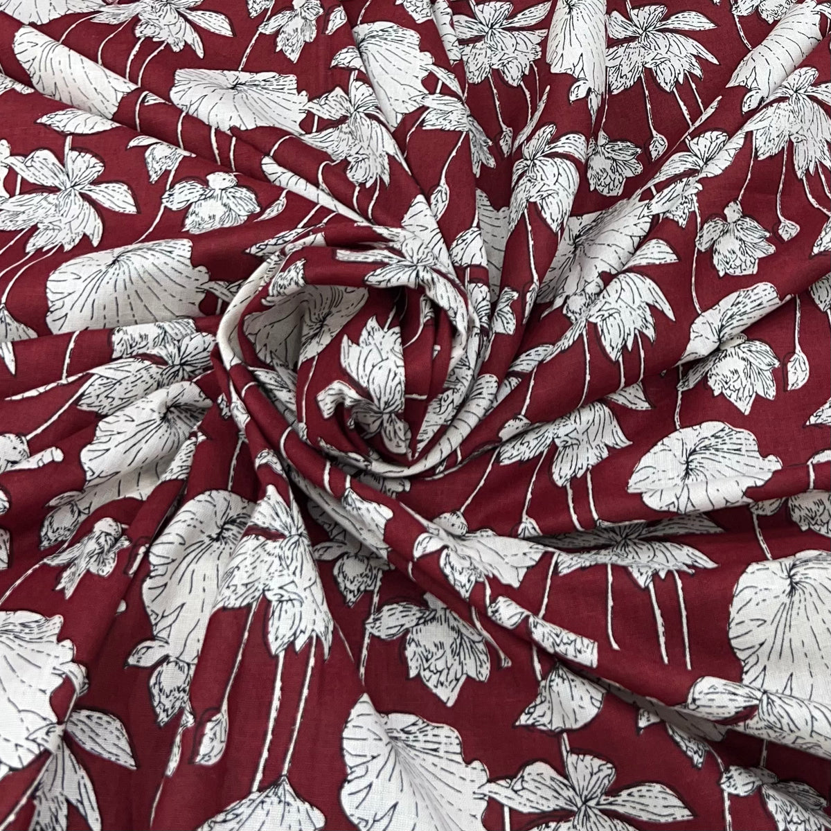 Maroon Lotus Leaves Cotton Print