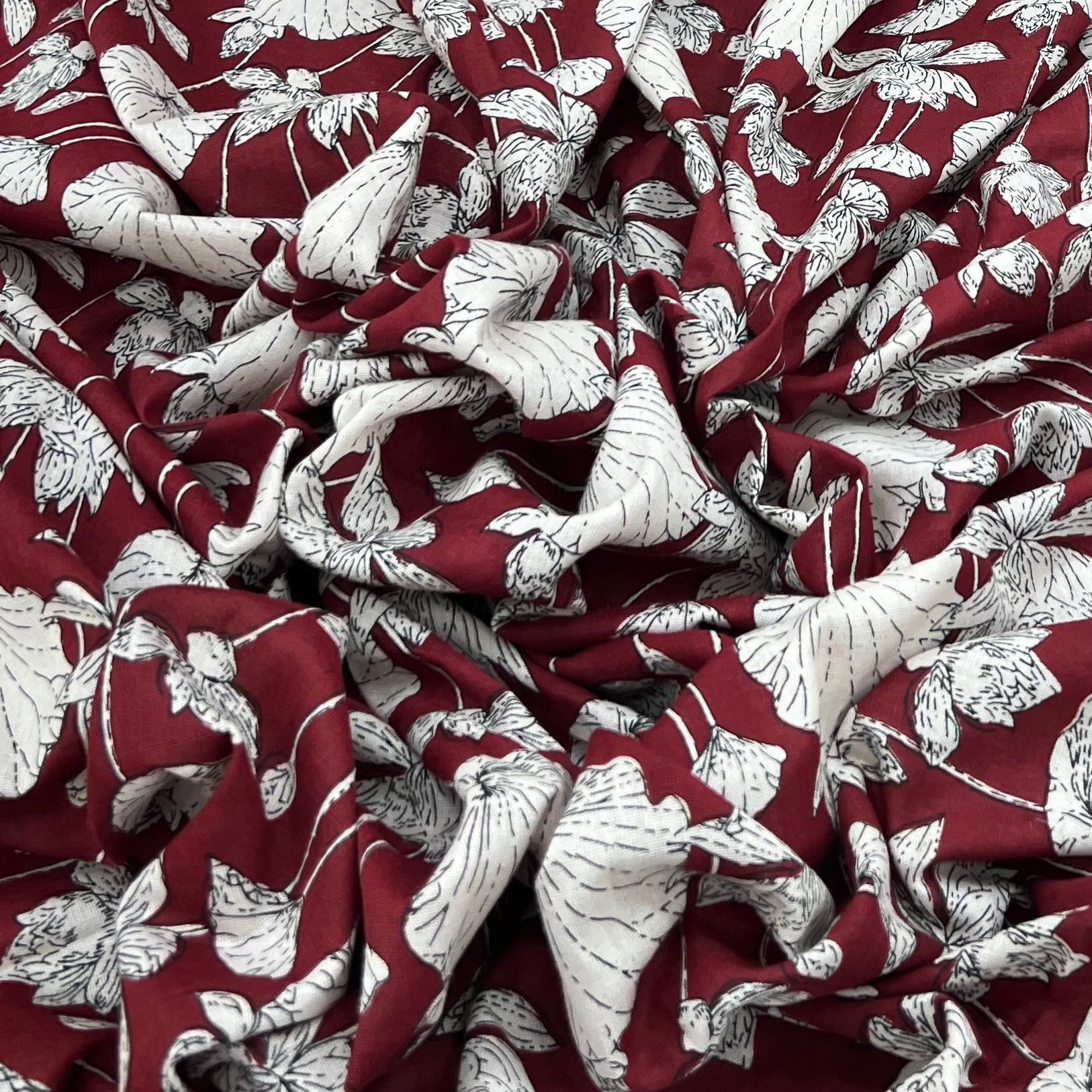 Maroon Lotus Leaves Cotton Print