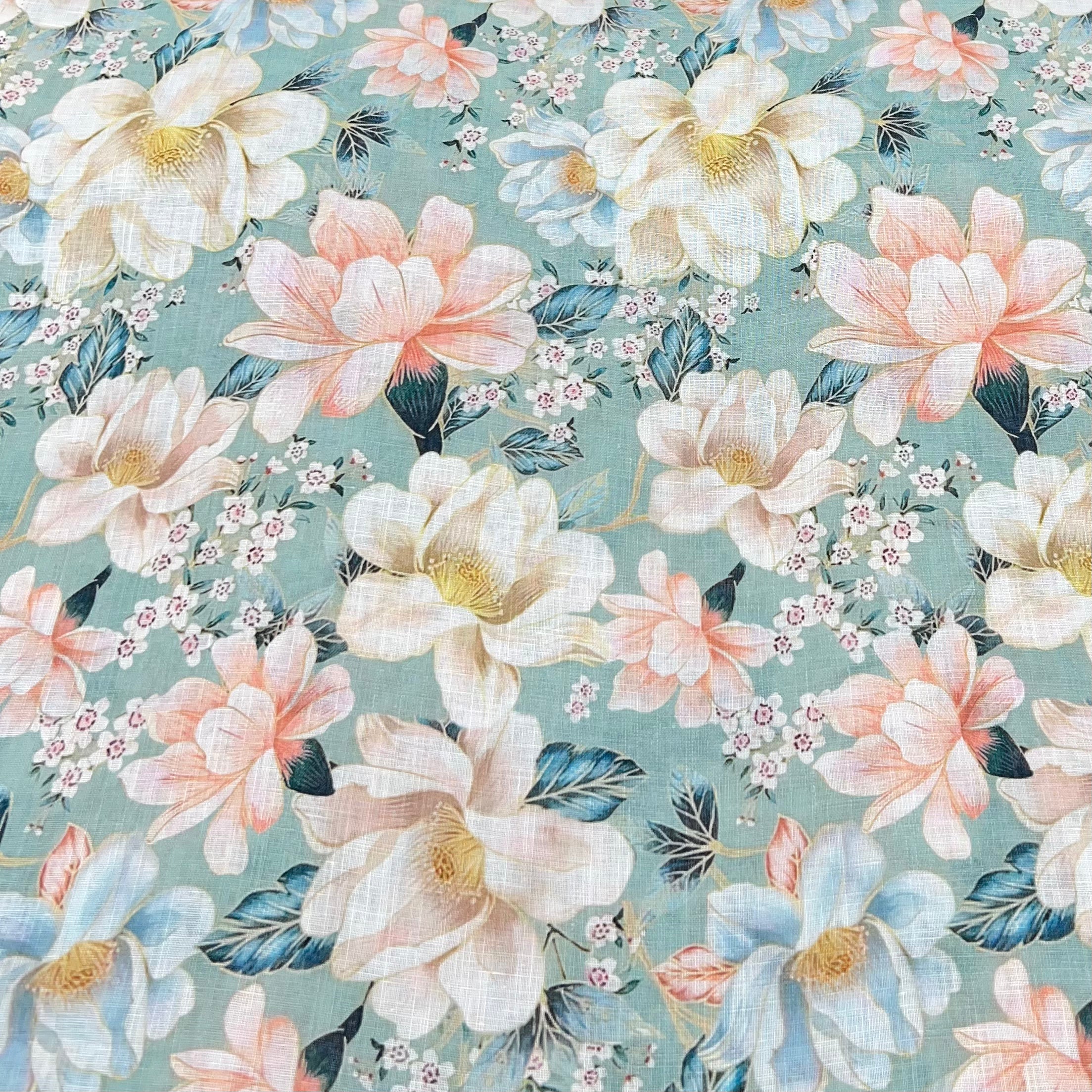 Mint Green Floral Print Pure Gauge Linen Print