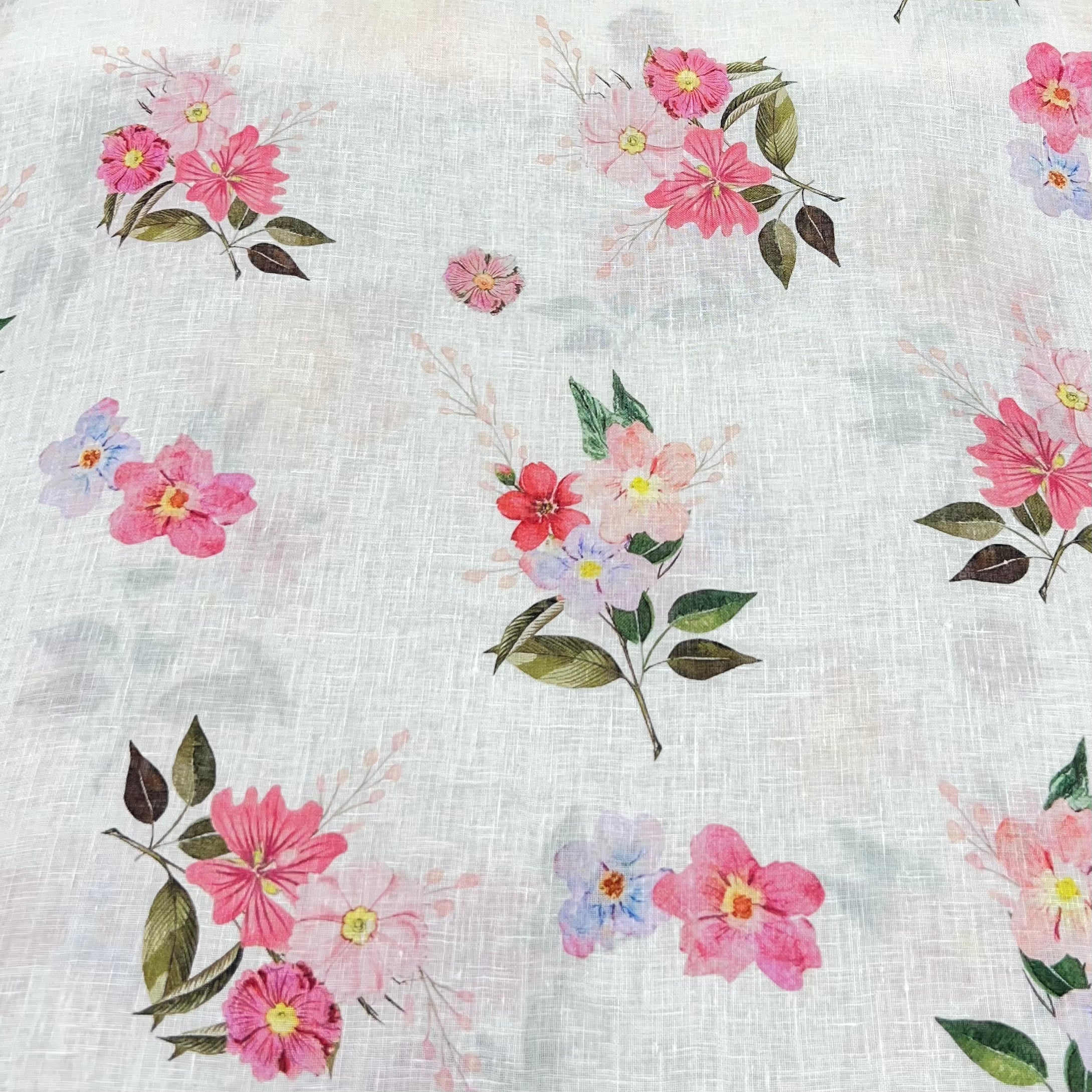 Off White Flower Motifs Pure Gauge Linen Print