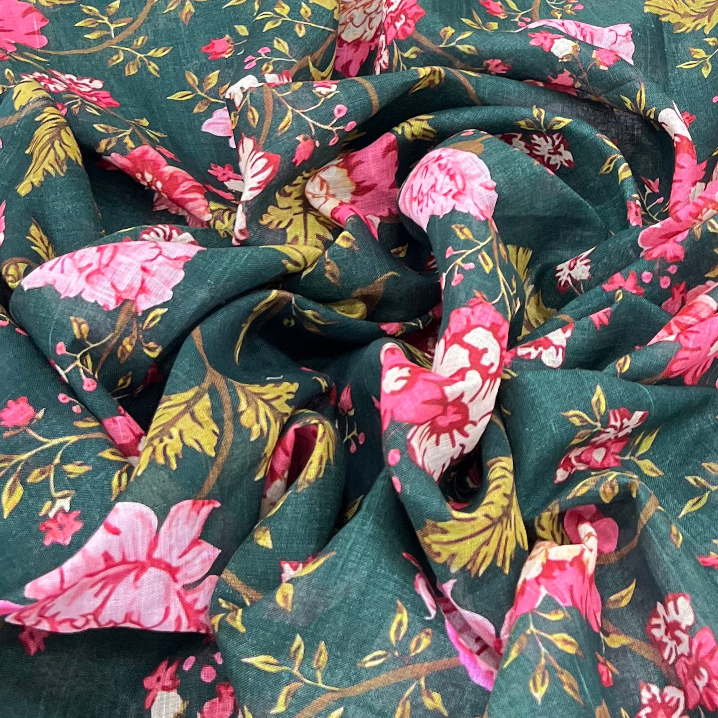 Bottle Green Multicolour Jal Floral Gauge Linen Print