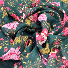 Bottle Green Multicolour Jal Floral Gauge Linen Print