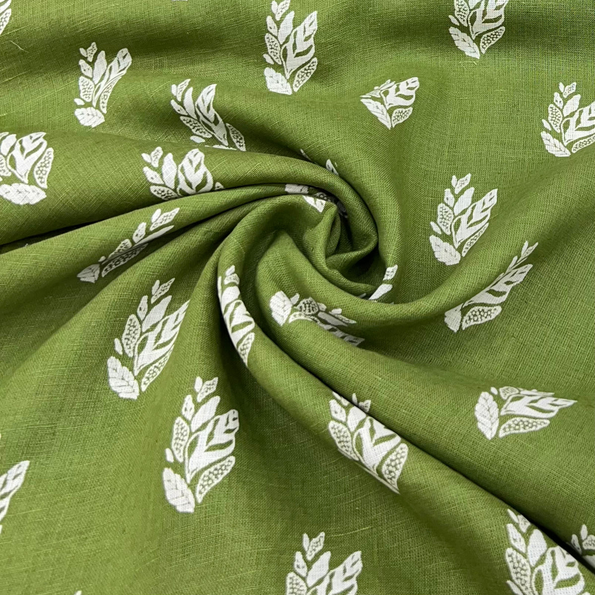 Leave Green Flower Motifs Linen Print