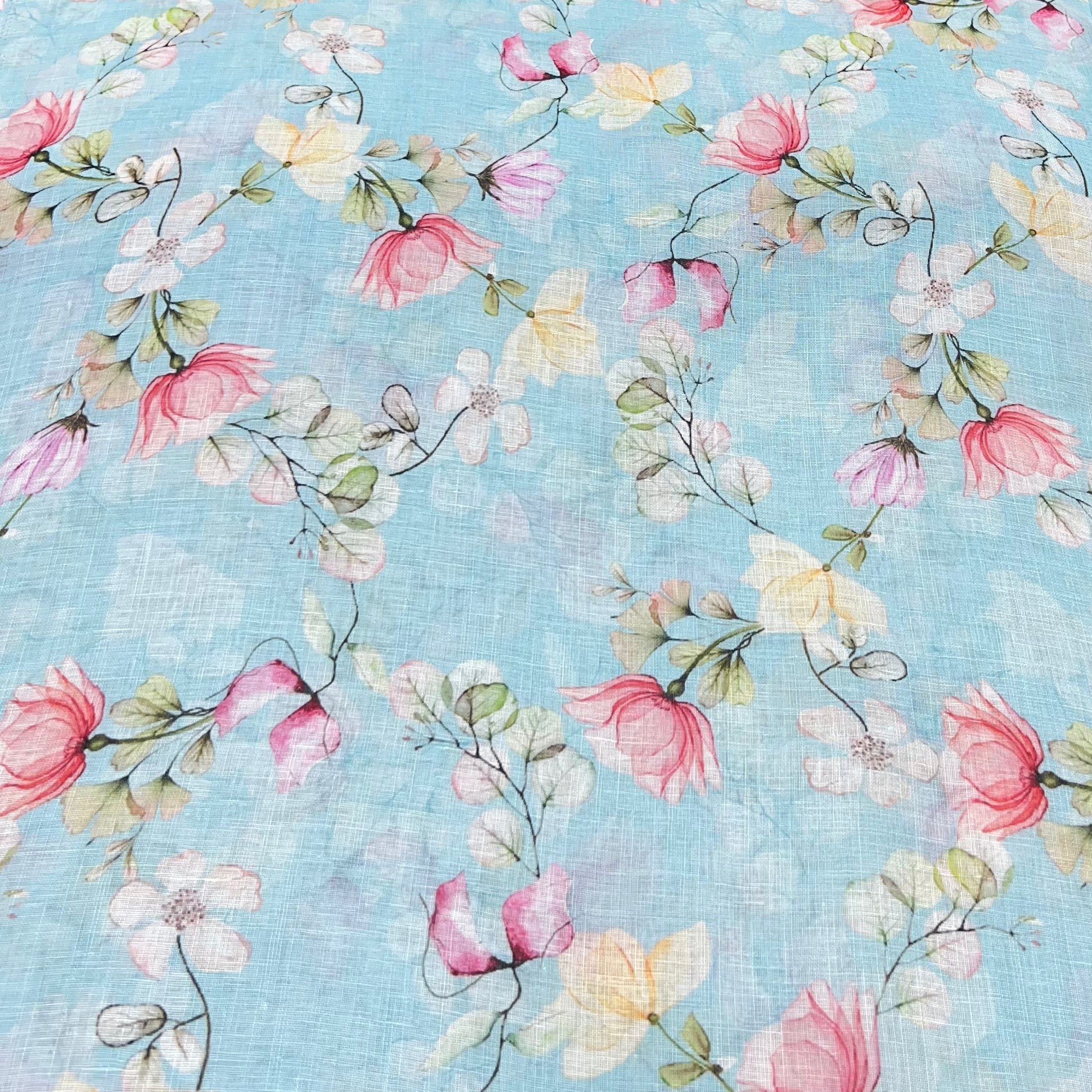 Light Blue Floral Pure Gauge Linen Print