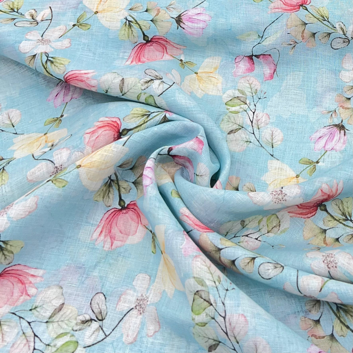 Light Blue Floral Pure Gauge Linen Print