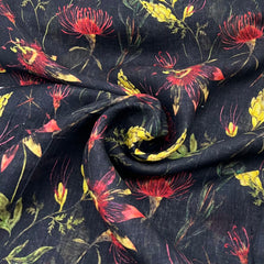 Black Blue Floral Pure Gauge Linen Print