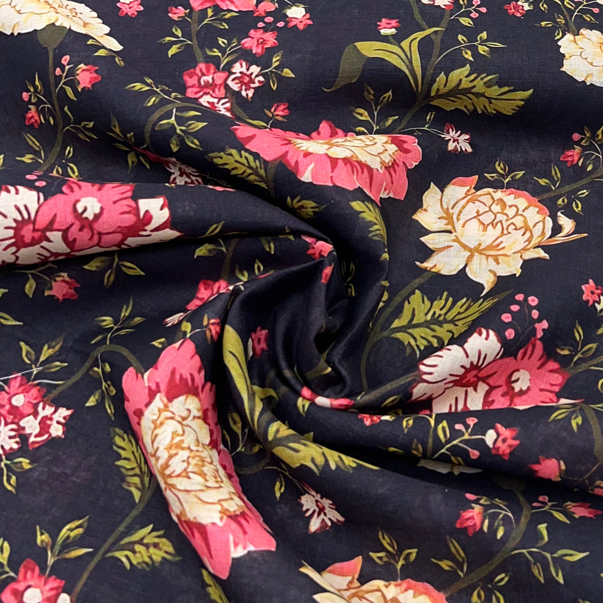 Blackish Blue Multi Floral Pure Gauge Linen Print