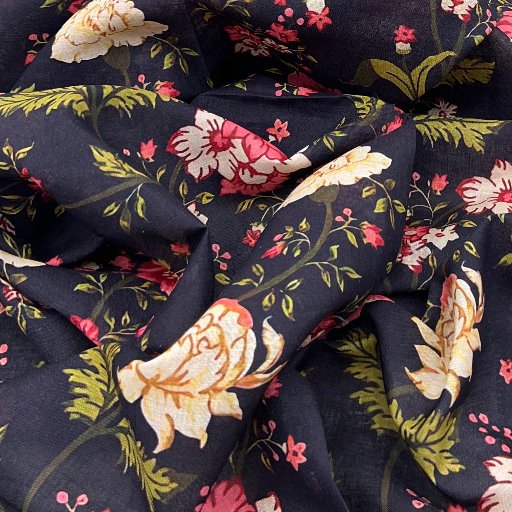 Blackish Blue Multi Floral Pure Gauge Linen Print