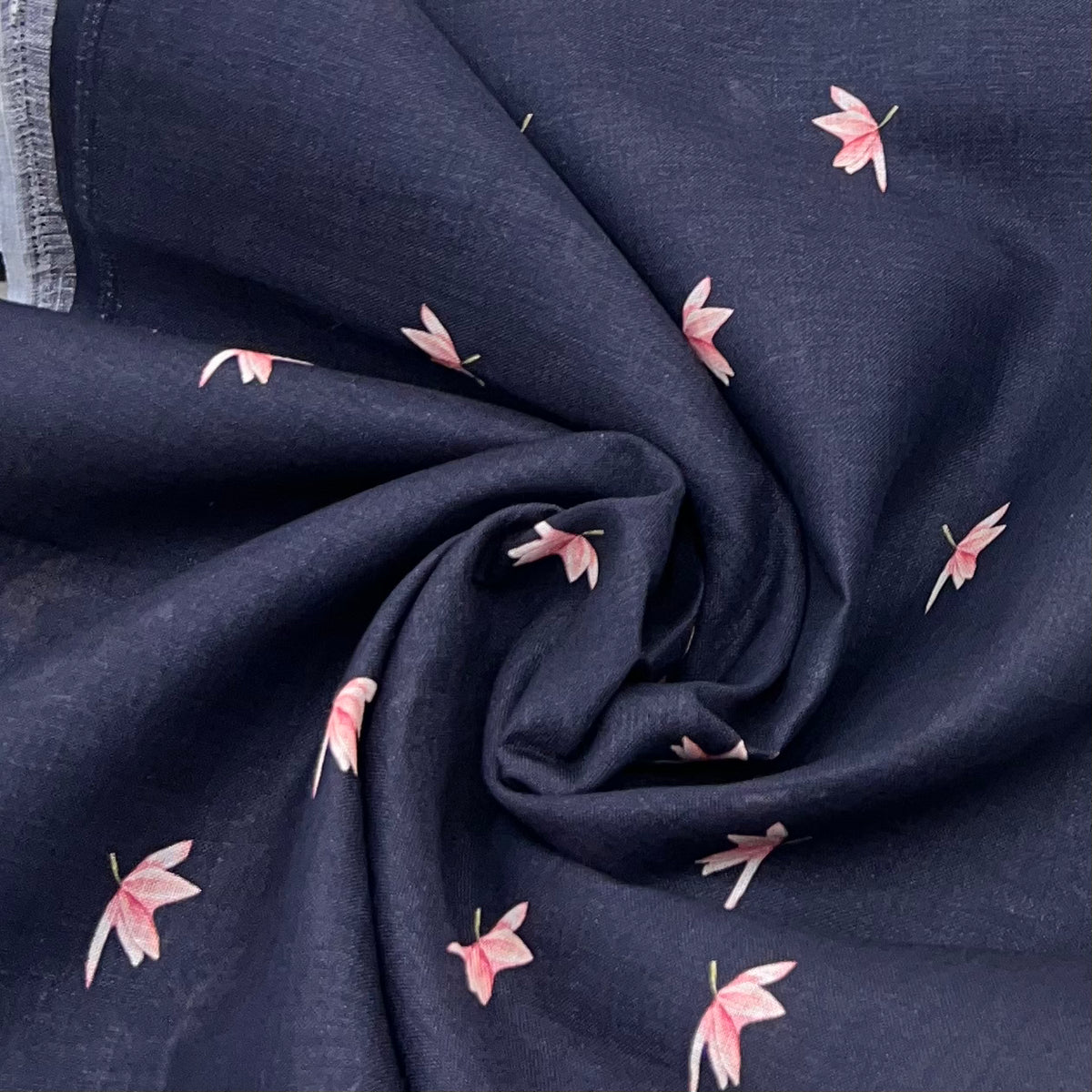 Blackish Blue Lotus Motifs Pure Gauge Linen Print