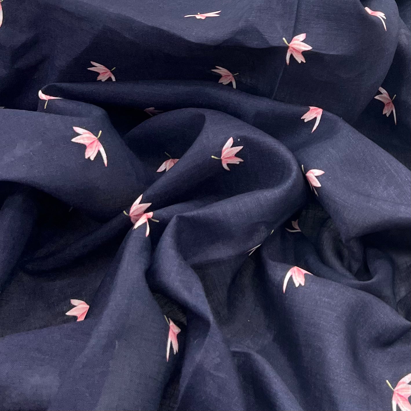 Blackish Blue Lotus Motifs Pure Gauge Linen Print