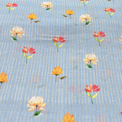 Light Blue Floral Multicolour Motifs Pure Gauge Linen Print