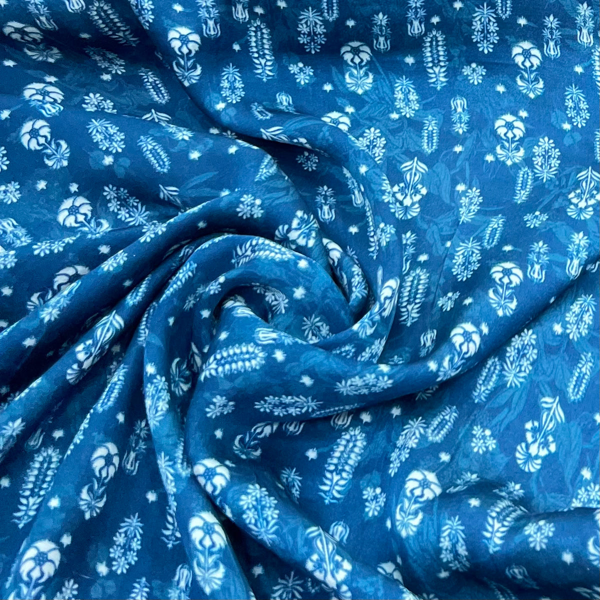 Teal Blue Floral Motifs Modal Satin Print