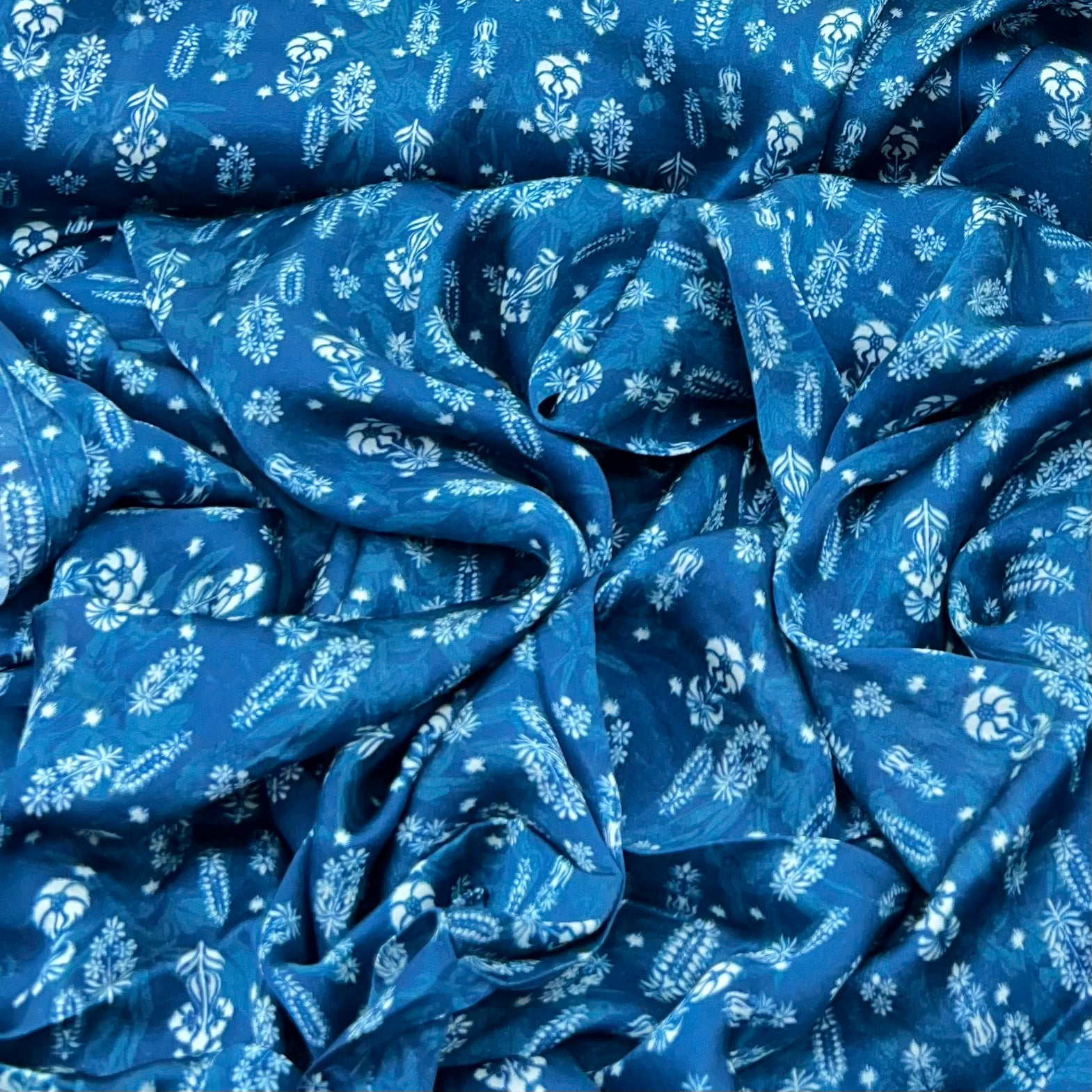 Teal Blue Floral Motifs Modal Satin Print