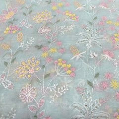 Mint Green Floral Sequins & Thread Mul Chanderi Embroidery