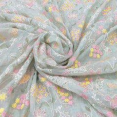 Mint Green Floral Sequins & Thread Mul Chanderi Embroidery