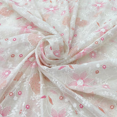 White Multicolour Sequins Thread Mul Chanderi Floral Jal Embroidery