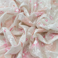 White Multicolour Sequins Thread Mul Chanderi Floral Jal Embroidery