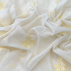 White With Yellow Geometric Mul Chanderi Thread Embroidery