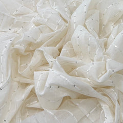White Stripes Mul Chanderi Sequins Thread Embroidery