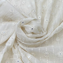 White Cotton Floral Mirror Work Thread Embroidery