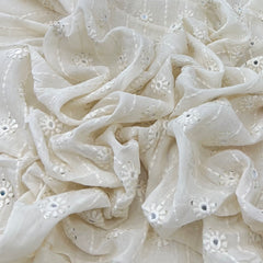 White Cotton Floral Mirror Work Thread Embroidery