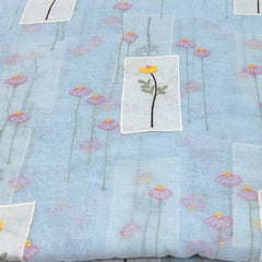 Baby Blue Floral Thread and Applique Mul Chanderi Embroidery