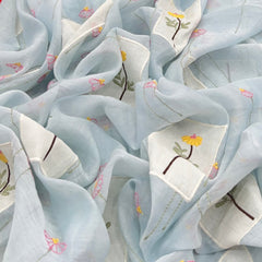 Baby Blue Floral Thread and Applique Mul Chanderi Embroidery